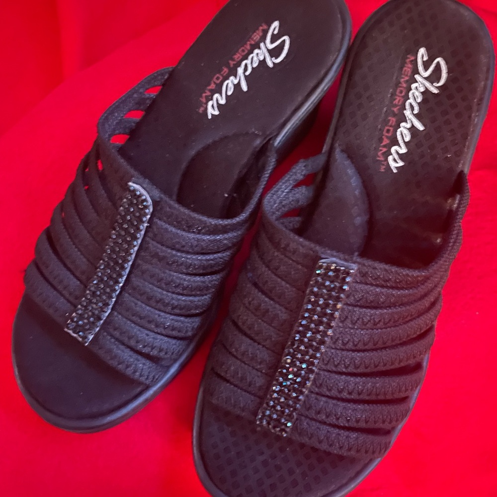 Sketchers Black Wedge Sandals - Picture 2 of 8